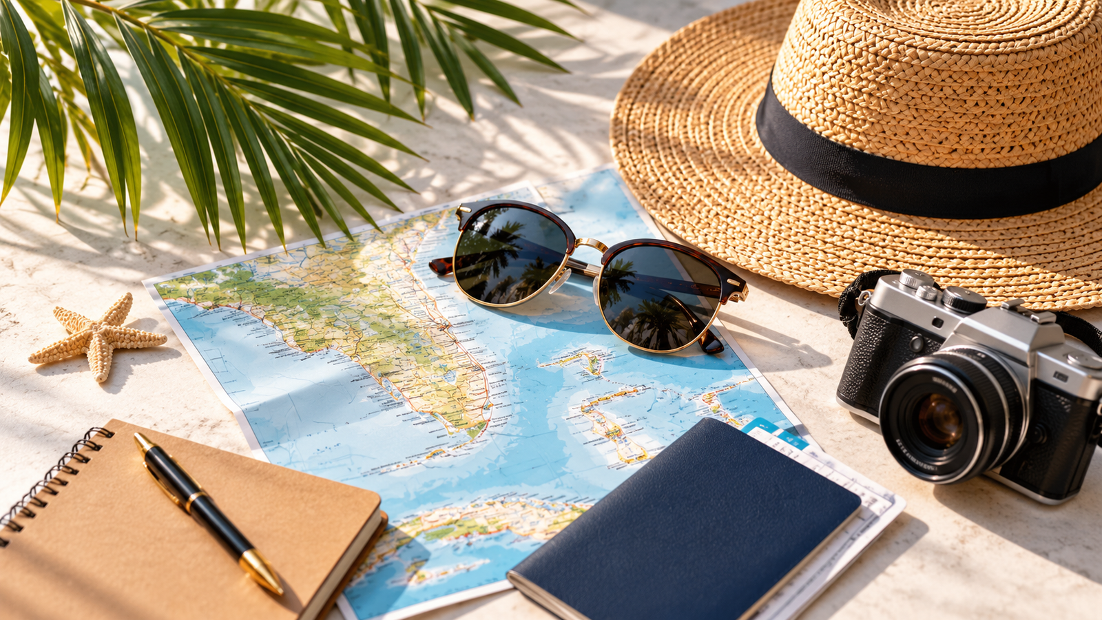 Travel planning with map, camera and travel accessories